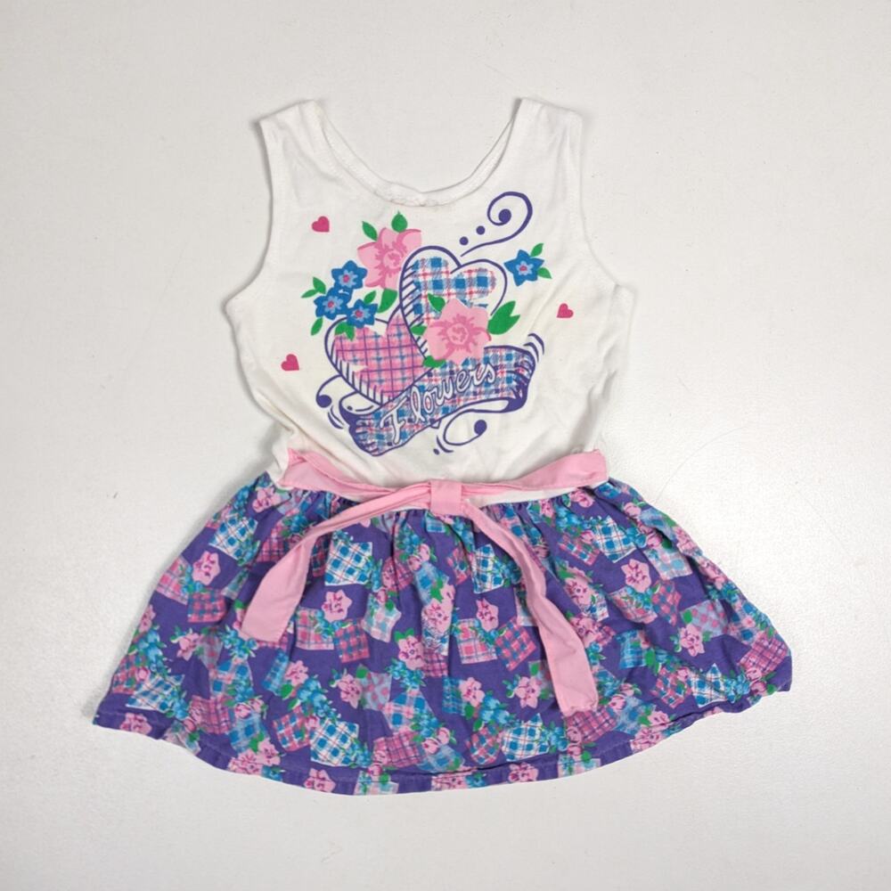 Vtg Dress 90s Girls Sz 2T Purple Floral Heart Casual Graphic Sundress